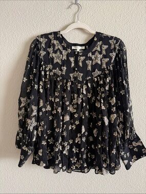 LoveShackFancy Black Metallic Star Print Long-Sleeve Blouse